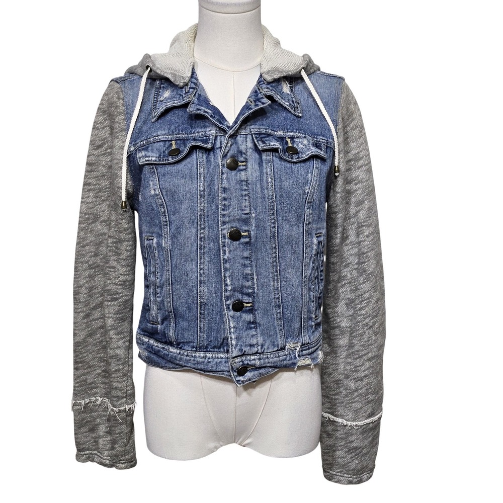 Free People Jacket Womens Small Blue Gray Denim Fleece Hoodie Distressed Casual